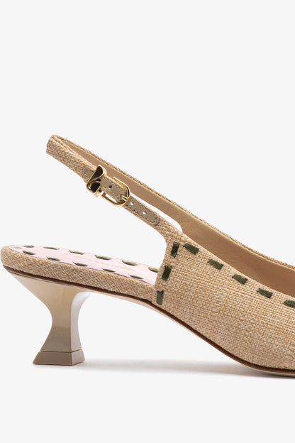 Jenny Pump In Beige Raffia and Tulip and Seaweed Leather - Larroude