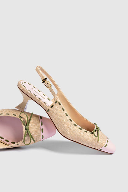 Jenny Pump In Beige Raffia and Tulip and Seaweed Leather - Larroude