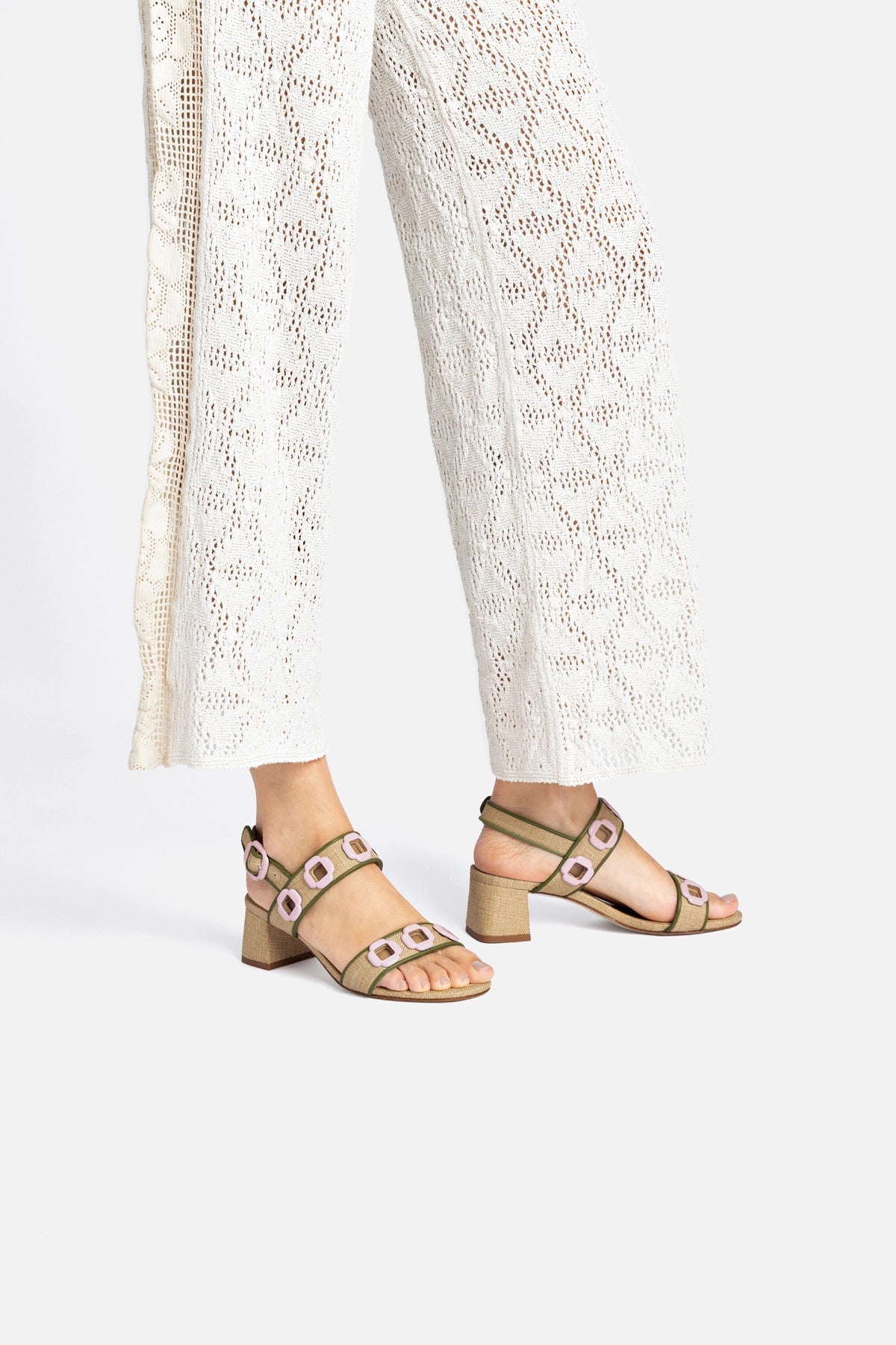 Milan Sandal In Beige Raffia and Seaweed Leather - Larroude