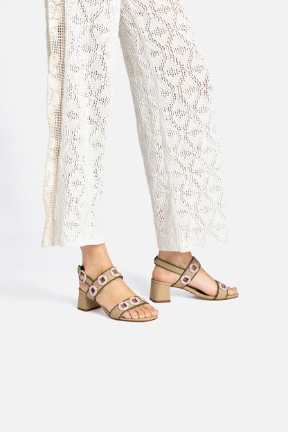 Milan Sandal In Beige Raffia and Seaweed Leather - Larroude