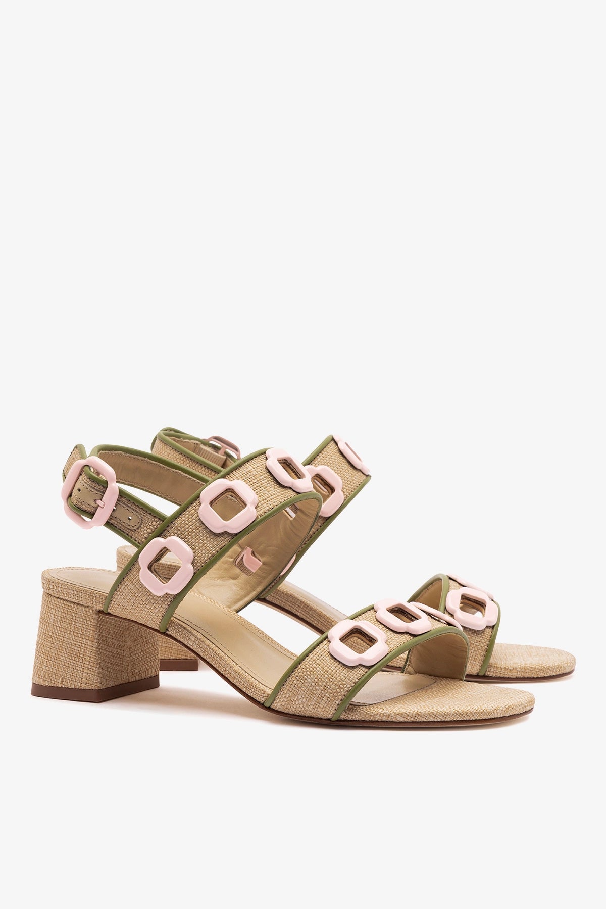 Milan Sandal In Beige Raffia and Seaweed Leather - Larroude