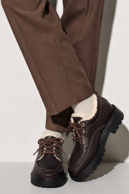 London Shearling Lace Up Loafer Brown Leather - Larroude