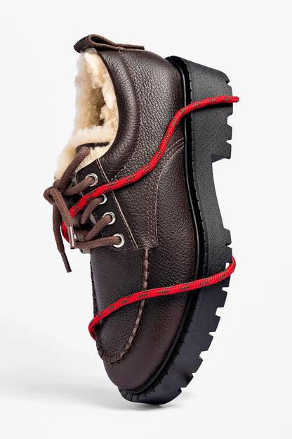 London Shearling Lace Up Loafer Brown Leather - Larroude