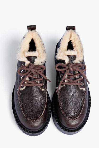 London Shearling Lace Up Loafer Brown Leather - Larroude