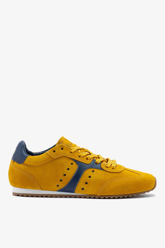 Stella Sneaker In Yellow Suede and Navy Leather - Larroude