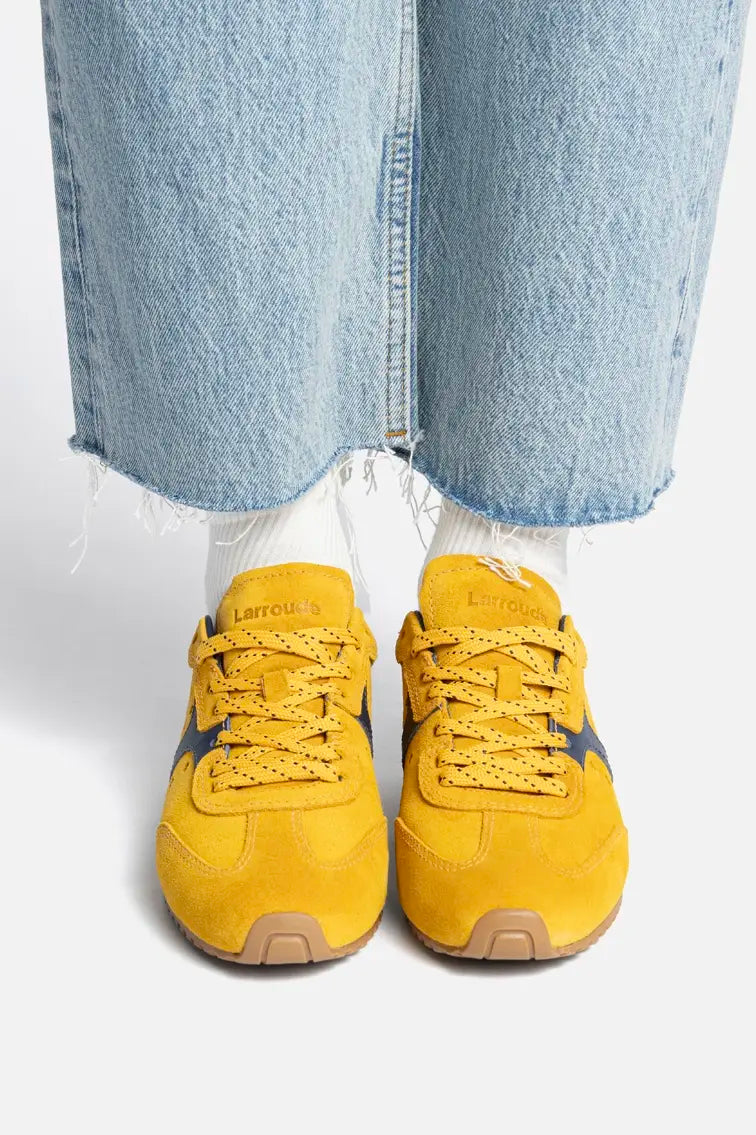 Stella Sneaker In Yellow Suede and Navy Leather - Larroude