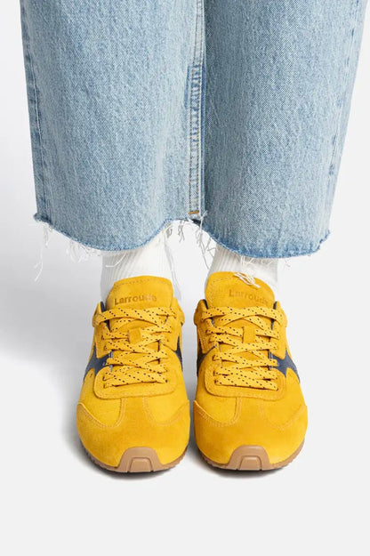 Stella Sneaker In Yellow Suede and Navy Leather - Larroude