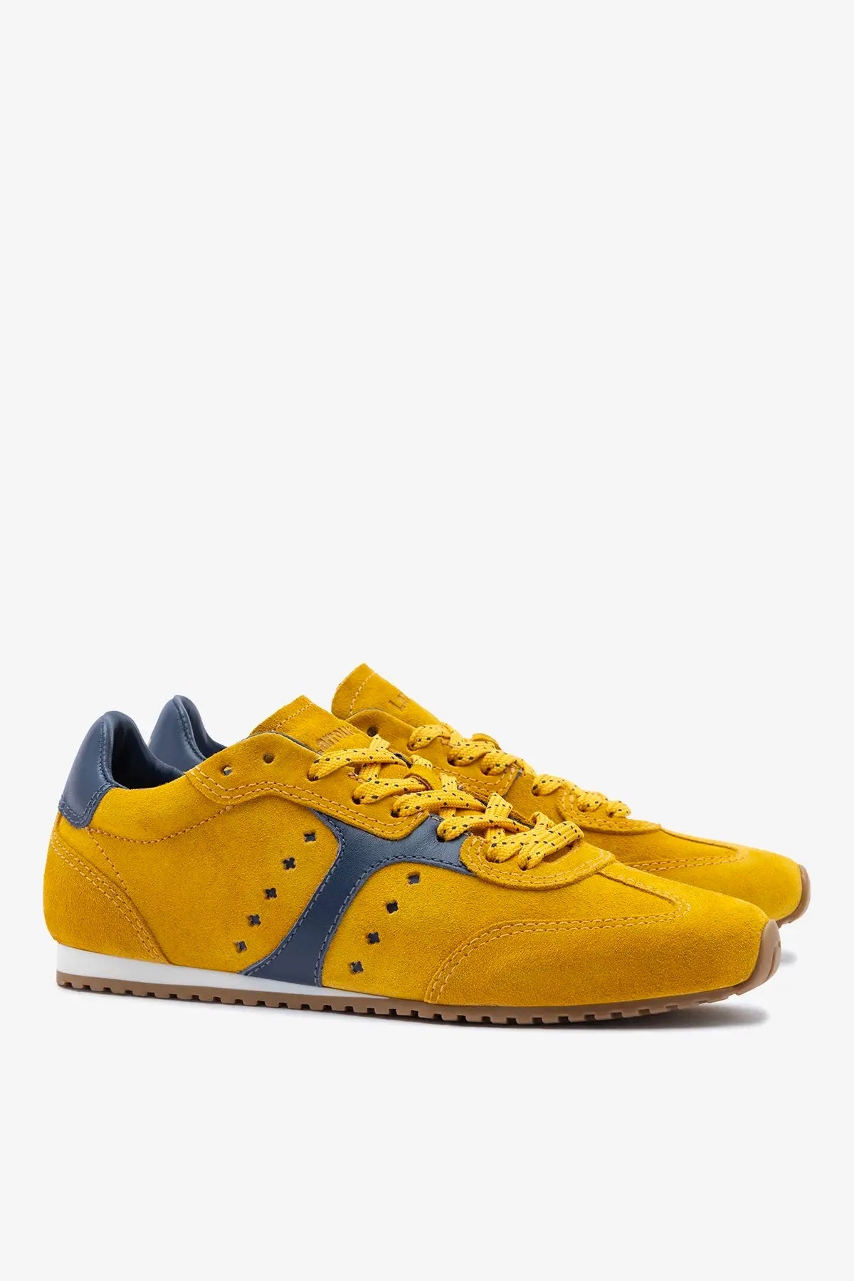 Stella Sneaker In Yellow Suede and Navy Leather - Larroude