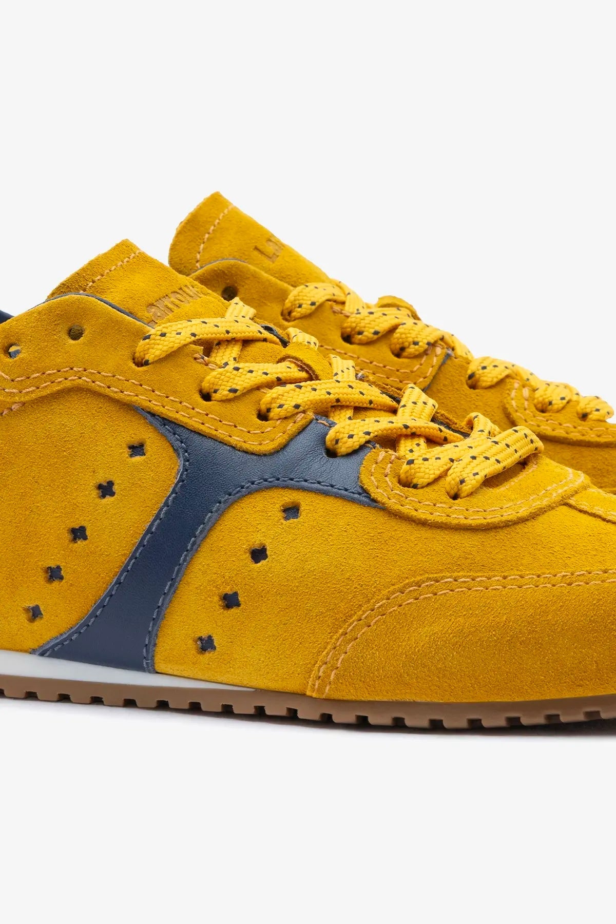 Stella Sneaker In Yellow Suede and Navy Leather - Larroude