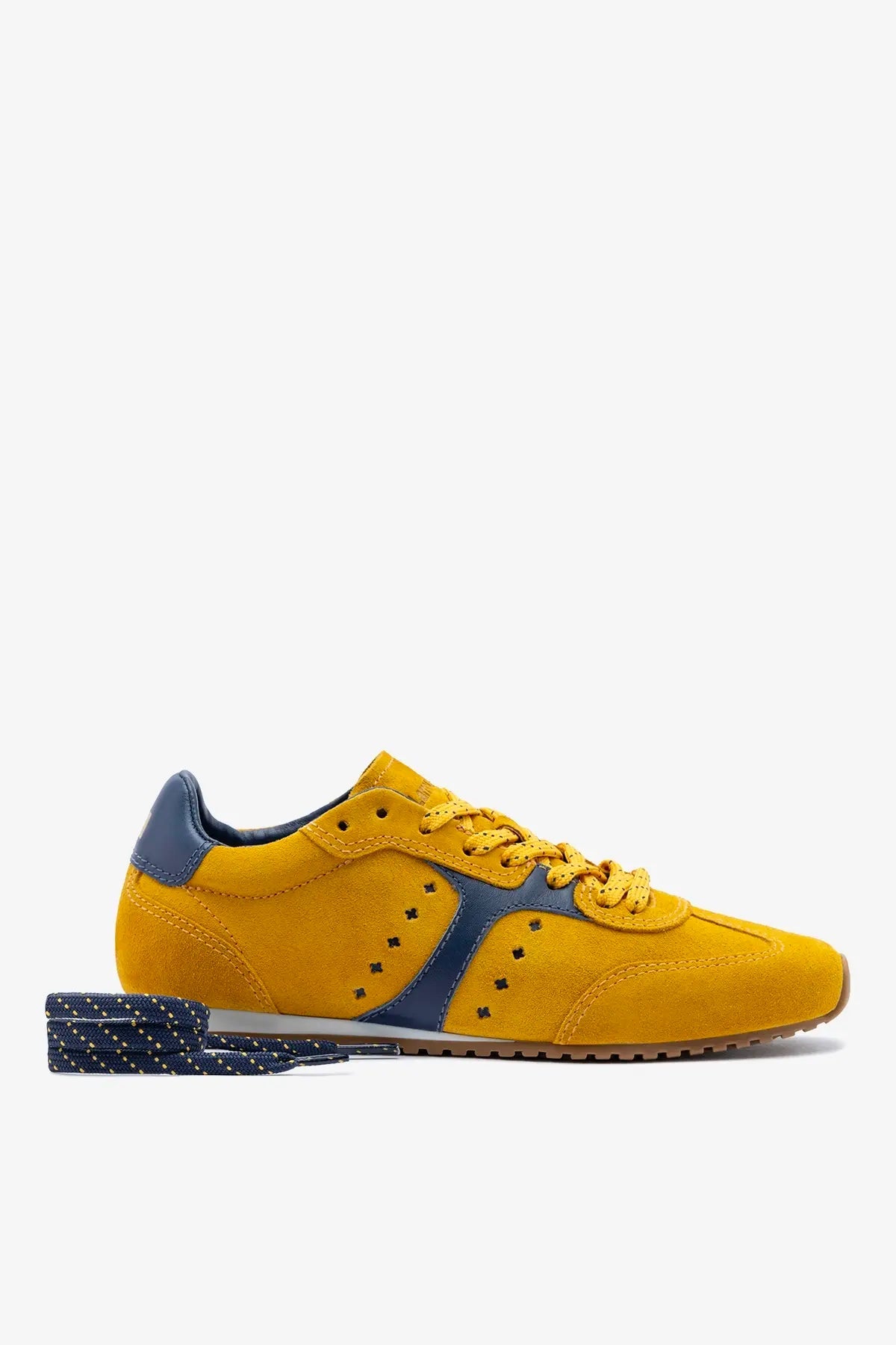Stella Sneaker In Yellow Suede and Navy Leather - Larroude