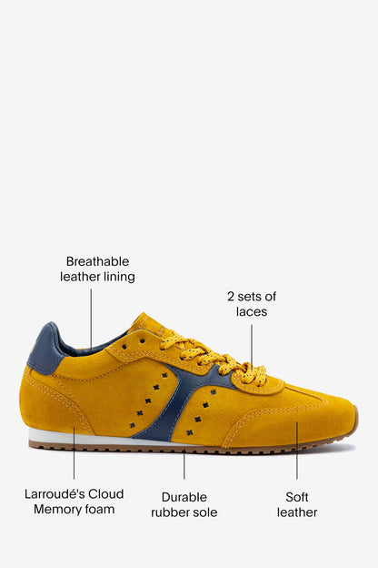 Stella Sneaker In Yellow Suede and Navy Leather - Larroude