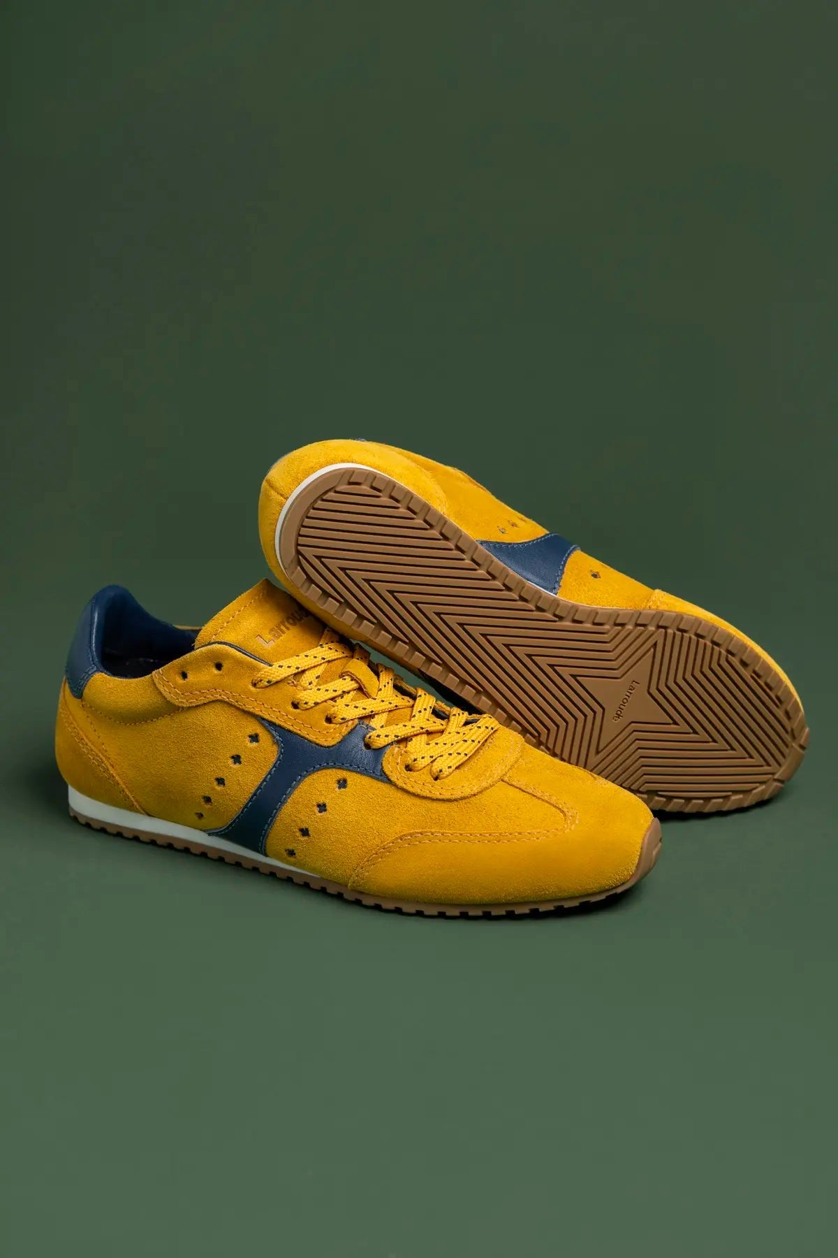 Stella Sneaker In Yellow Suede and Navy Leather - Larroude