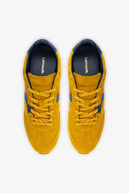Stella Sneaker In Yellow Suede and Navy Leather - Larroude