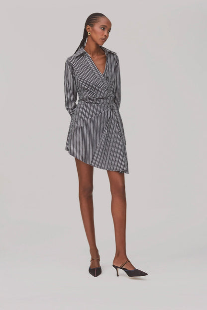 Sashi Wrap Dress In Black and White Striped Cotton - Larroude