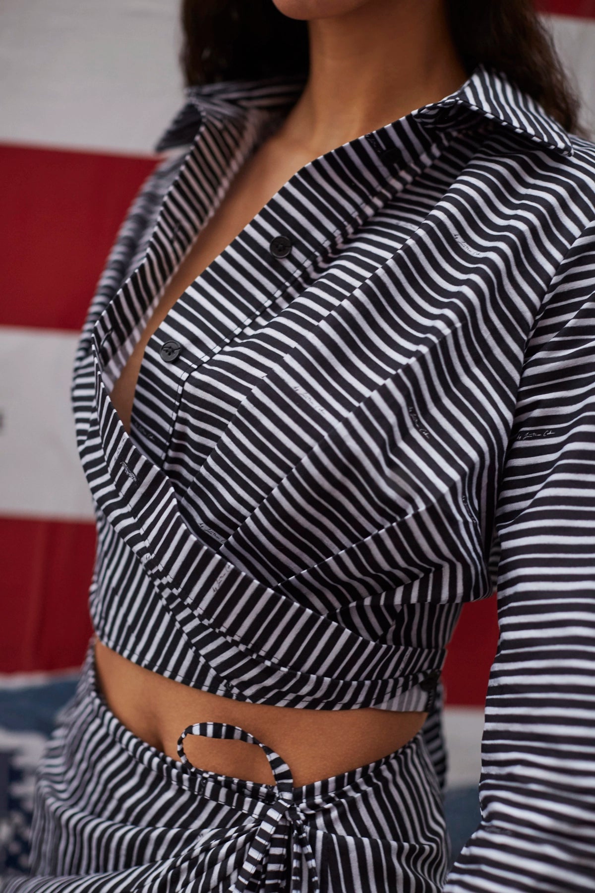 Rose Wrap Top In Black and White Striped Cotton - Larroude