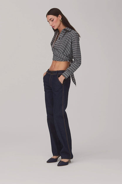 Rose Wrap Top In Black and White Striped Cotton - Larroude