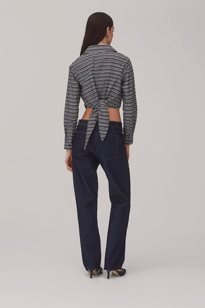 Rose Wrap Top In Black and White Striped Cotton - Larroude