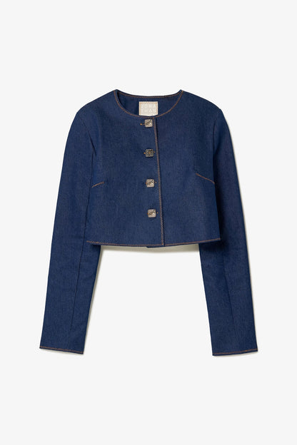 Gloria Cropped Jacket In Blue Denim - Larroude