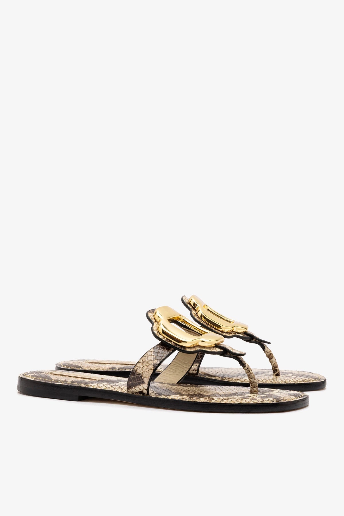 Margherita Thong Sandal in Neutral Snake Leather and Gold Hardware - Larroude
