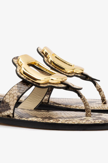 Margherita Thong Sandal in Neutral Snake Leather and Gold Hardware - Larroude