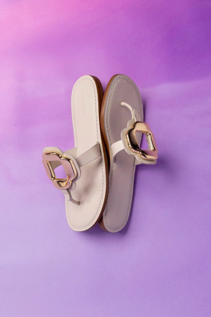 Margherita Thong Sandal in Ivory Leather and Gold Hardware - Larroude