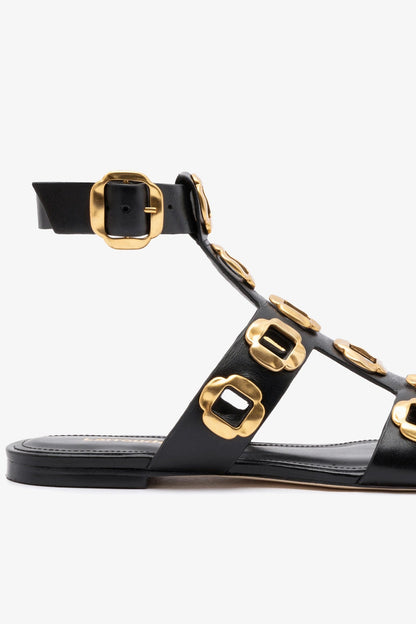 Milan Gladiator Flat In Black Leather - Larroude