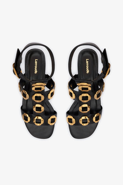 Milan Gladiator Flat In Black Leather - Larroude