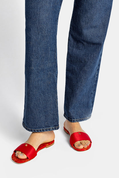 Ivy Flat In Cherry Satin - Larroude