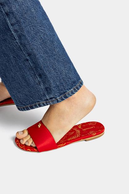 Ivy Flat In Cherry Satin - Larroude