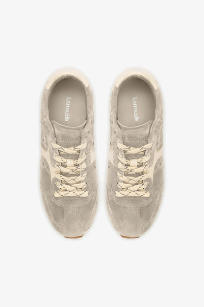 Stella Sneaker In Mushroom Grey Suede and Ivory Leather - Larroude