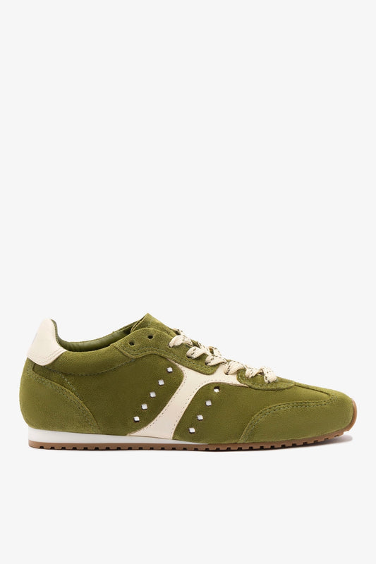 Stella Sneaker In Seaweed Suede and Ivory Leather - Larroude