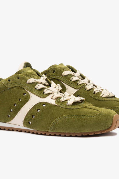Stella Sneaker In Seaweed Suede and Ivory Leather - Larroude