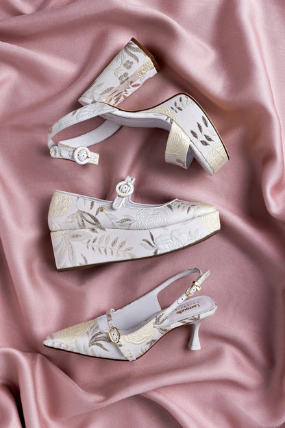 Larroudé x Markarian Dolly Sandal In Yvette Ivory Brocade - Larroude