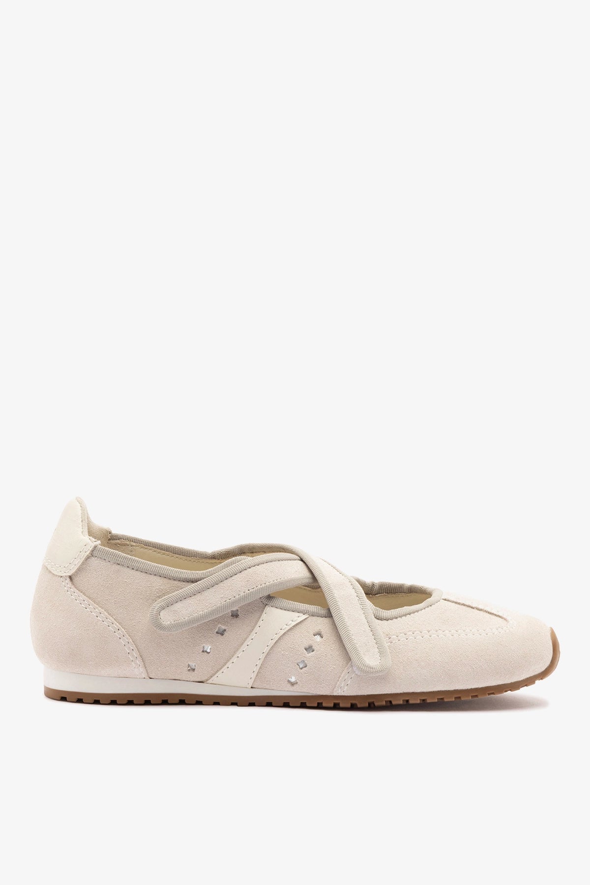 Stella Ballerina Flat In Mushroom Grey Suede and Ivory Leather - Larroude