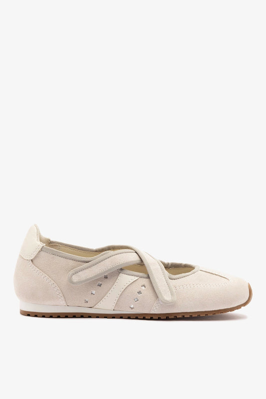 Stella Ballerina Flat In Mushroom Grey Suede and Ivory Leather - Larroude