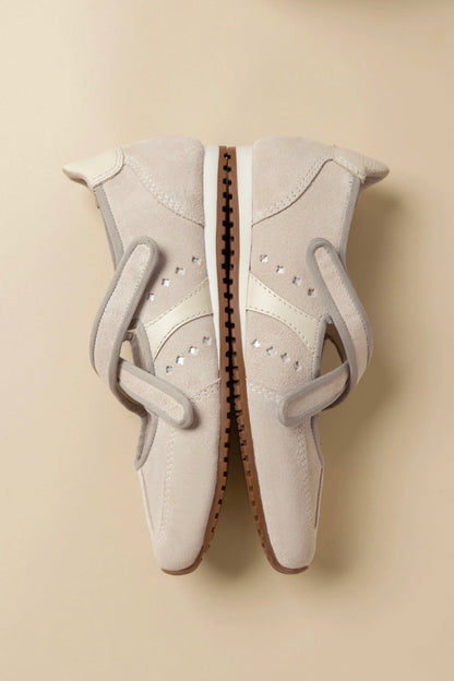 Stella Ballerina Flat In Mushroom Grey Suede and Ivory Leather - Larroude