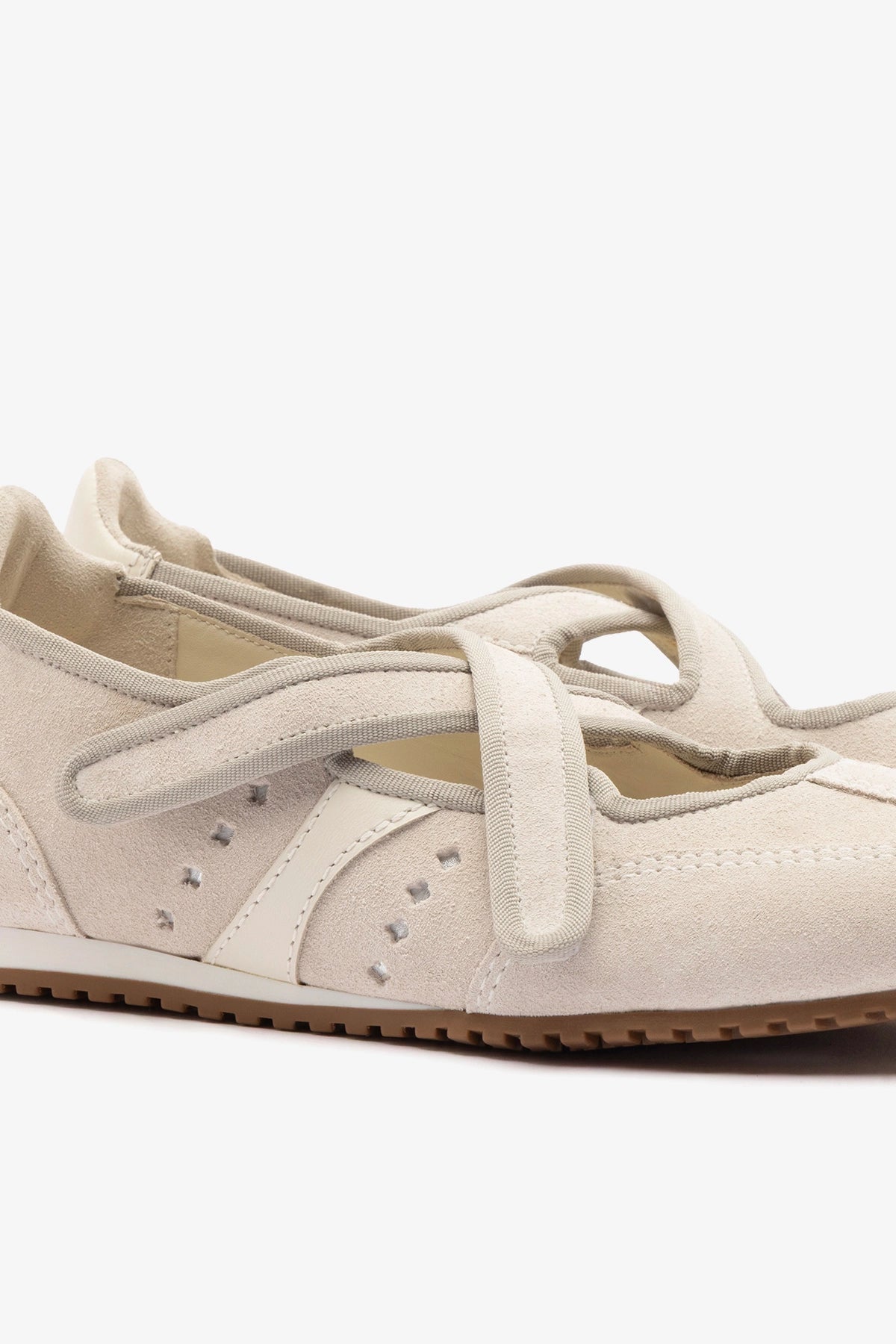 Stella Ballerina Flat In Mushroom Grey Suede and Ivory Leather - Larroude