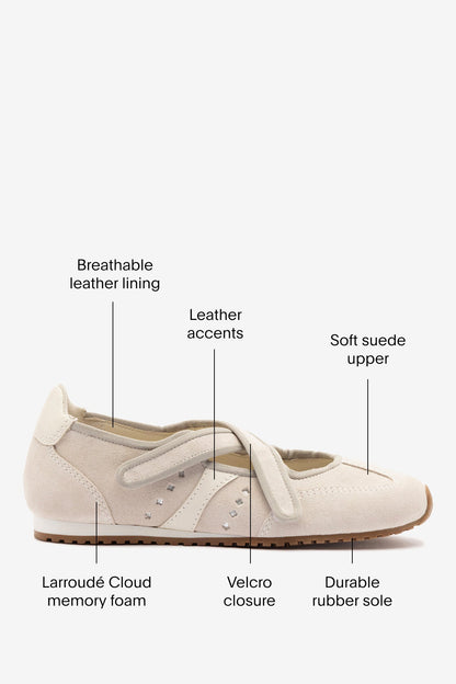 Stella Ballerina Flat In Mushroom Grey Suede and Ivory Leather - Larroude