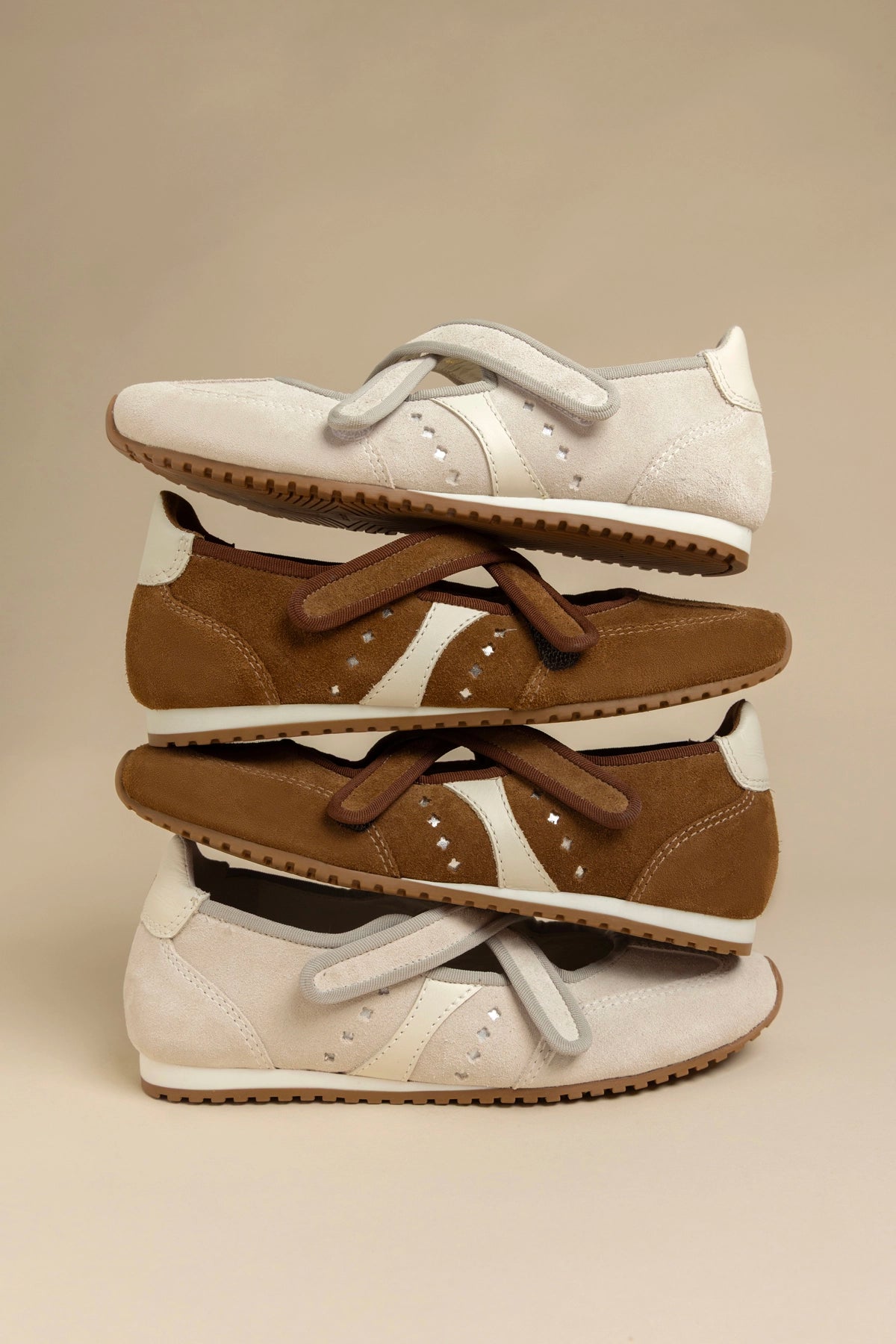 Stella Ballerina Flat In Mushroom Grey Suede and Ivory Leather - Larroude