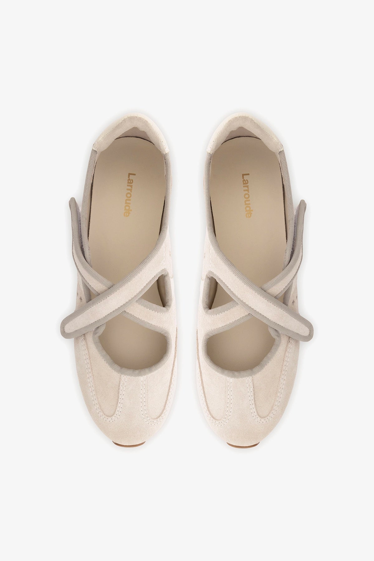 Stella Ballerina Flat In Mushroom Grey Suede and Ivory Leather - Larroude