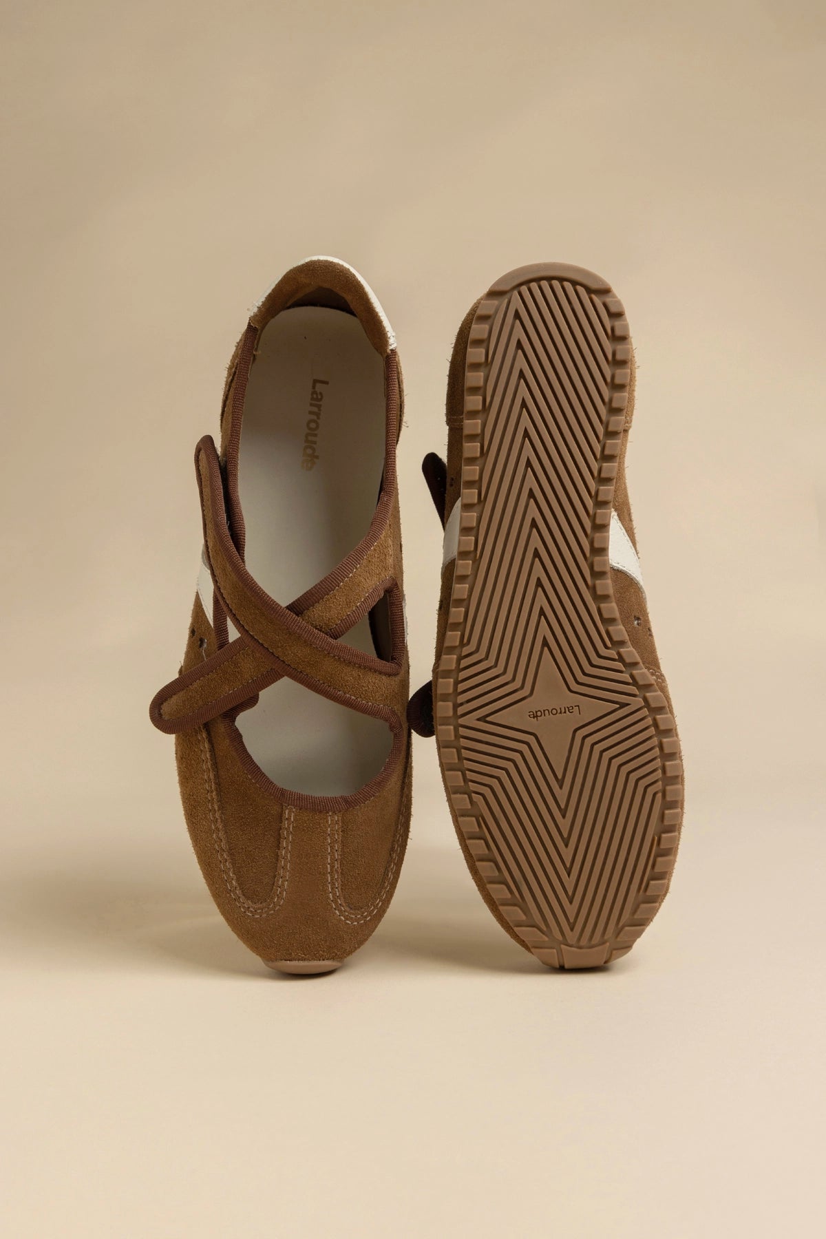 Stella Ballerina Flat In Russet Suede and Ivory Leather - Larroude