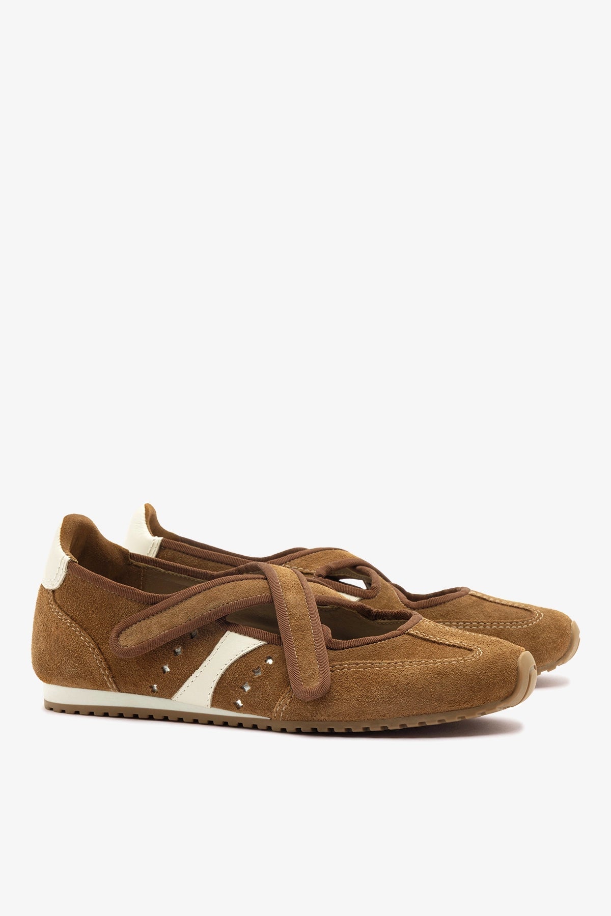 Stella Ballerina Flat In Russet Suede and Ivory Leather - Larroude