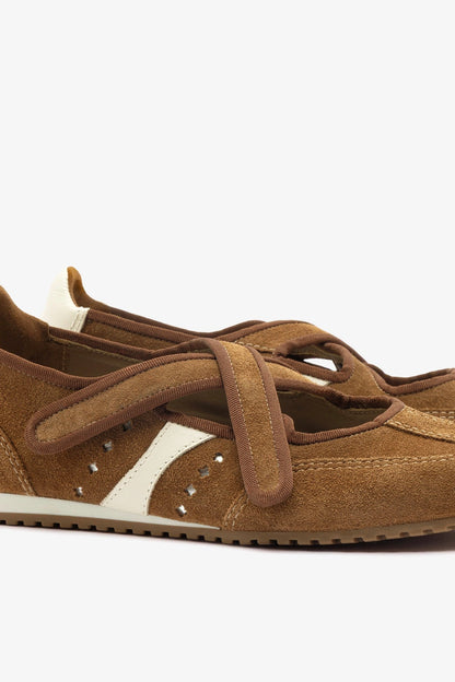 Stella Ballerina Flat In Russet Suede and Ivory Leather - Larroude
