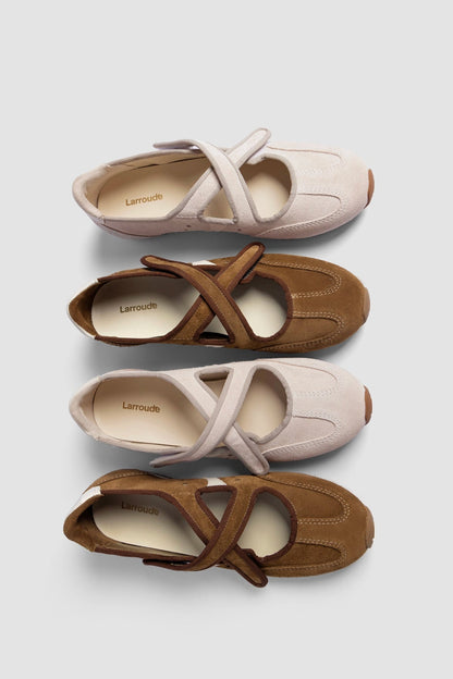 Stella Ballerina Flat In Russet Suede and Ivory Leather - Larroude