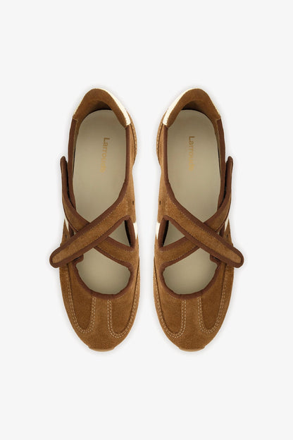Stella Ballerina Flat In Russet Suede and Ivory Leather - Larroude