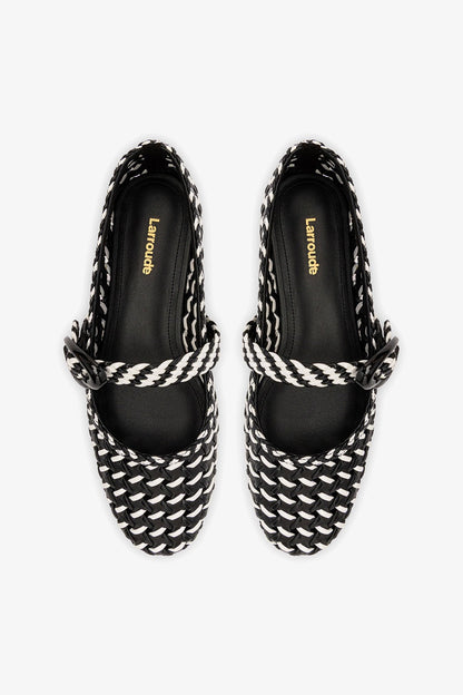 Verona Macrame Ballet Flat In Black and White Leather - Larroude