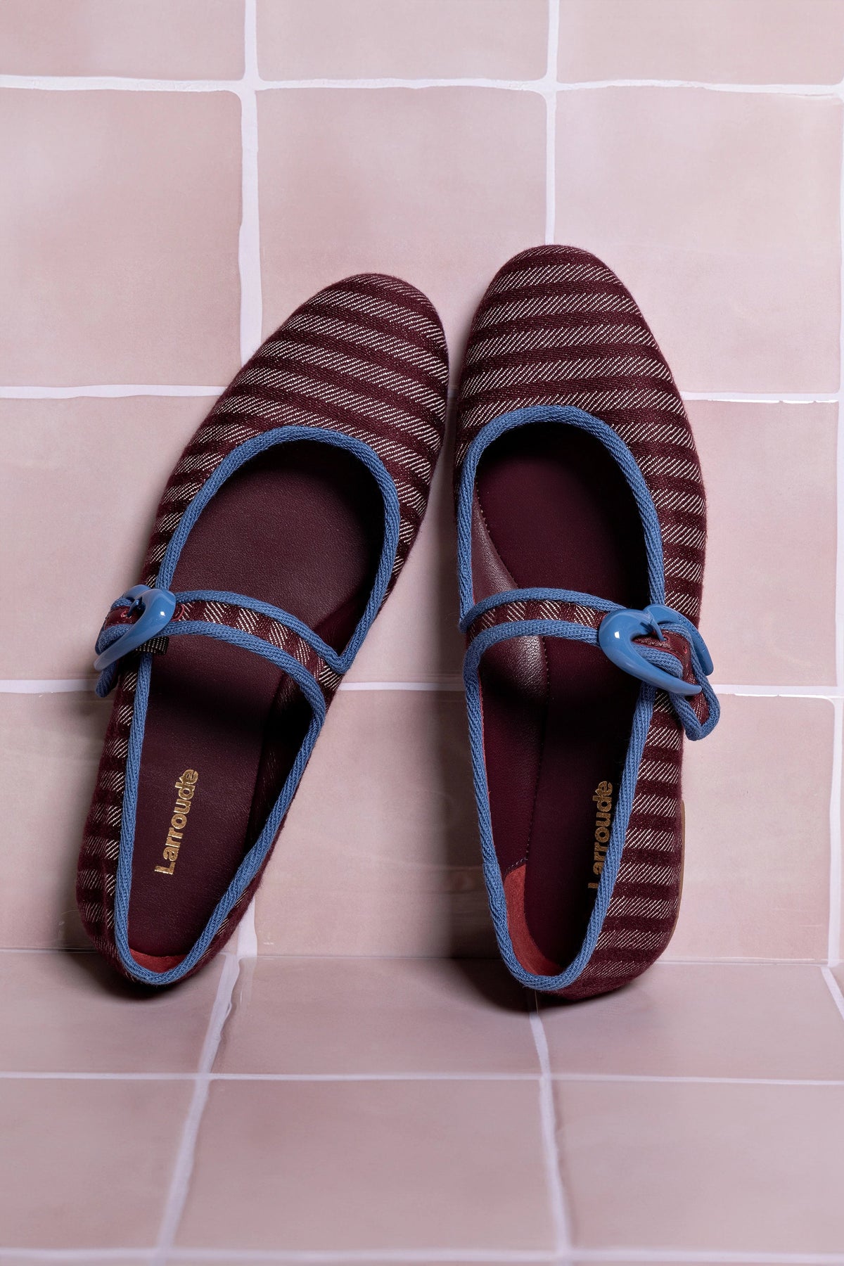 Verona Ballet Flat In Wine Striped Fabric and Blue Stoned Trimming - Larroude