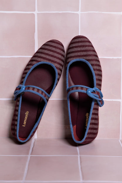 Verona Ballet Flat In Wine Striped Fabric and Blue Stoned Trimming - Larroude