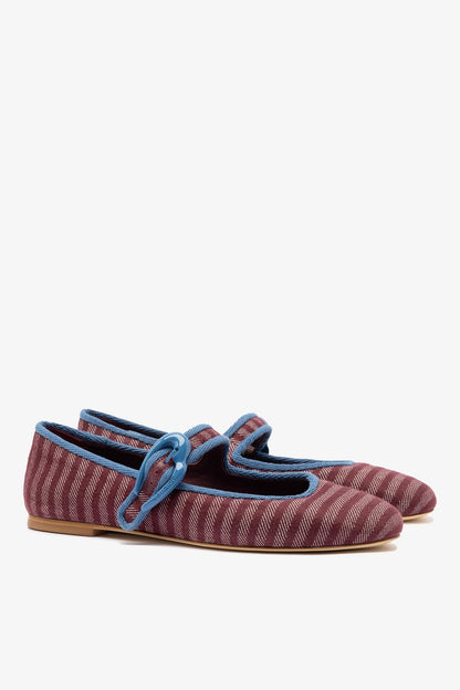 Verona Ballet Flat In Wine Striped Fabric and Blue Stoned Trimming - Larroude
