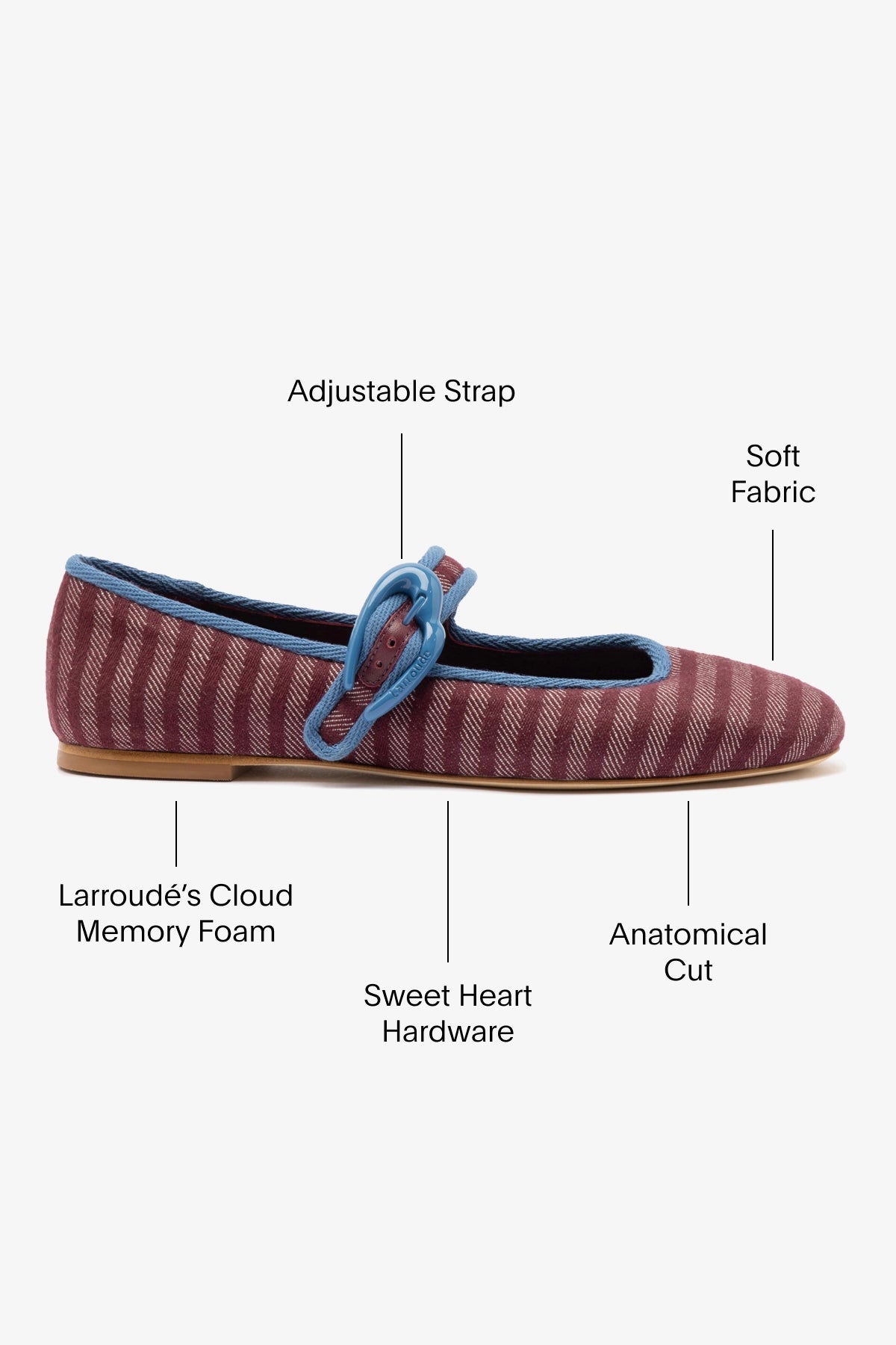 Verona Ballet Flat In Wine Striped Fabric and Blue Stoned Trimming - Larroude